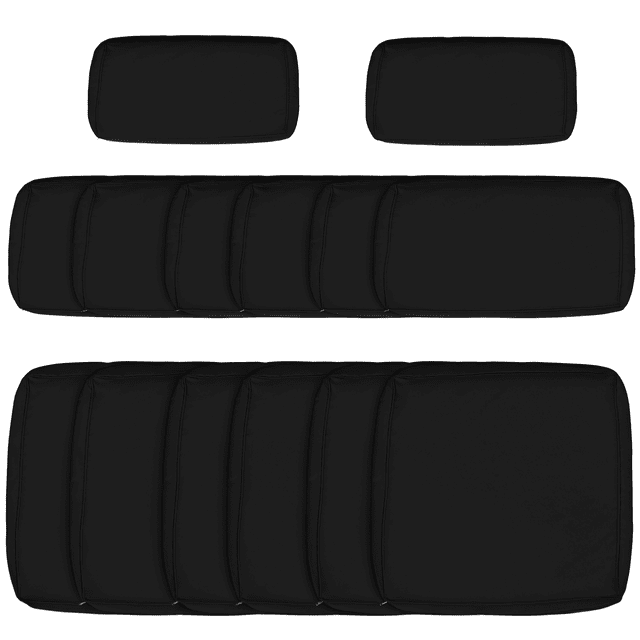 Outsunny Outdoor 14pc Patio Rattan Sofa Set Cushion Cover Replacement in black, featuring 6 seat cushion covers and 8 back cushion covers (6 large, 2 small). Made of durable polyester fabric, these covers protect cushions from mould and moisture while offering a sleek, stylish look. Designed for Outsunny SKU: 860-020MX, the set is easy to install, machine-washable, and suitable for outdoor use. Dimensions include 25.6" L x 25.6" W x 3.1" D for seat cushions, 25.6" L x 12" W x 3.1" D for large back cushions, and 22.4" L x 12" W x 3.1" D for small back cushions. Note: Padding not included.