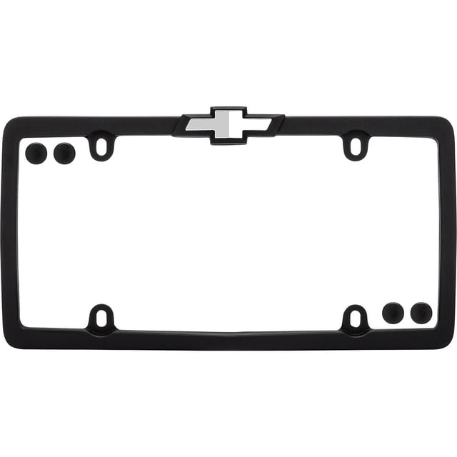 Cruiser Accessories Chevrolet License Plate Frame w/Fastener Caps in matte black and chrome, zinc die-cast metal frame with matte black PTFE coating, featuring a two-toned chrome Chevrolet bowtie emblem at the top center, includes four black ABS plastic fastener caps, fits standard 6 by 12 inch license plates without obscuring registration details.