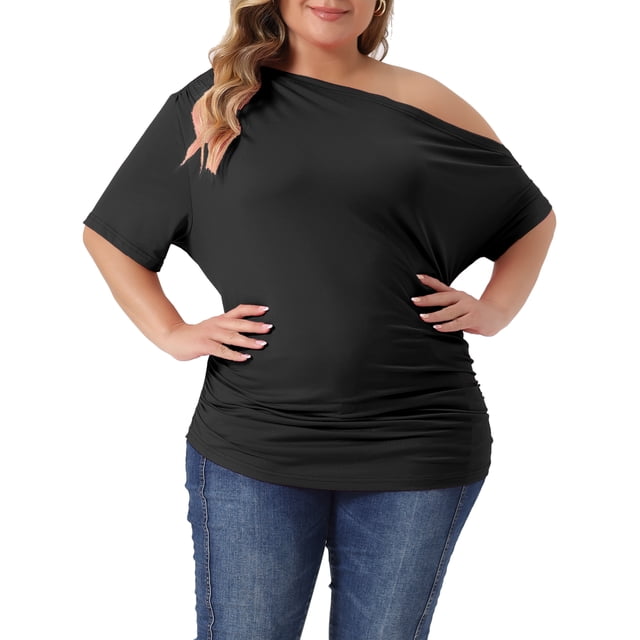 Agnes Orinda Women's Plus Size Tops Solid One Shoulder Short Sleeve Casual Blouses 3X Black