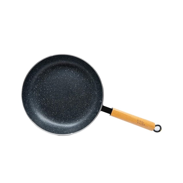 Verka Non-Stick Marble Coating Frypan, 26 cm, with a black speckled marble-coated surface and a light wooden handle with hanging loop, shown from above on a white background, ideal for versatile stovetop cooking.