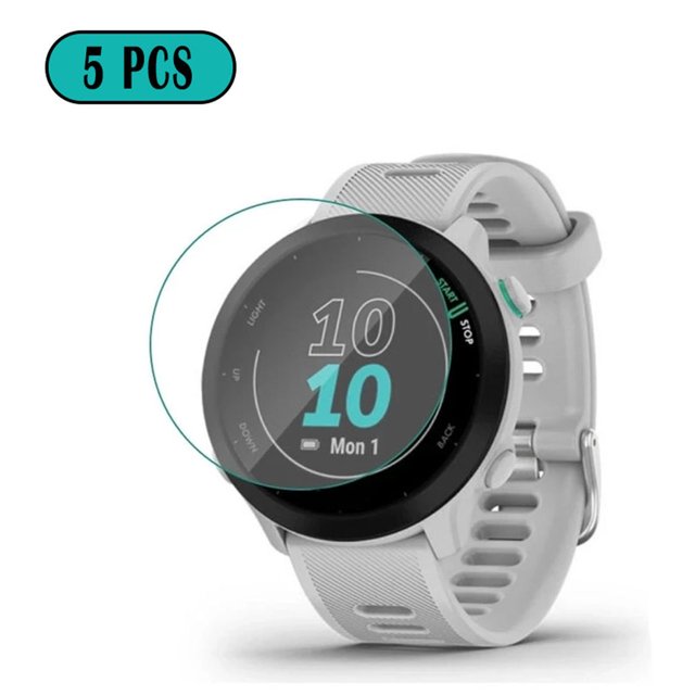 WIFKLSIIPG film Protecteur avant en Verre Trempé HD pour Garmin Forerunner 55 smart watch, Montré Appliqué à l'Écran de la Montre. le Protecteur d'Écran transparent Présente un design à Bord Arrondi pour une Prise en Main Fluide et une Résistance aux Éclats Améliorée. Il Comprend un Revêtement Oléophobe pour Réduire les Empreintes Digitales et les Taches d'Huile, Assurant un Nettoyage Facile. l'Ensemble Contient 5 Pcs, Offrant une protection durable contre les Rayures et les Chocs Tout en Conservant une Clarté Haute Définition.