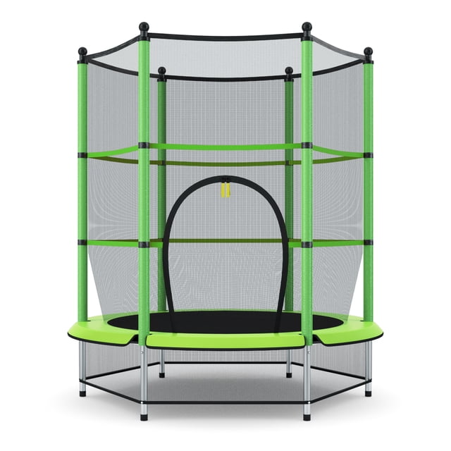 Patiojoy Kids Round Jumping Trampoline Combo Bed Trampoline W/ Safety Enclosure Net Green