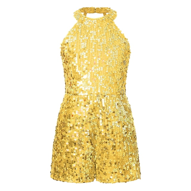 Yanarno Combinaison Short de Danse pour Filles, Col Licou, Paillettes, Rumba Samba, Combinaison de Danse, Fête de Noël, Or 12