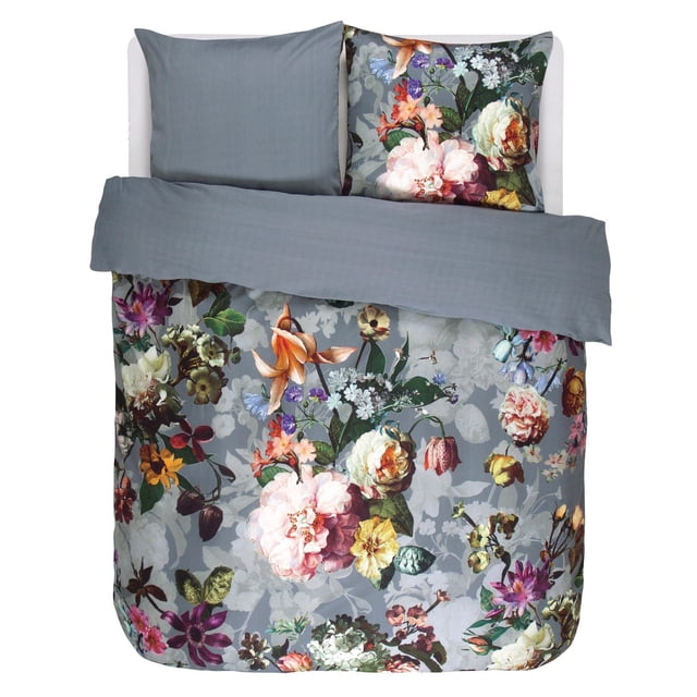 Essenza Home Duvet Cover Bedding Set with a floral pattern of large pink, orange, yellow, purple, and white flowers on a muted grey background, paired with solid grey pillow shams and a matching duvet cover top.