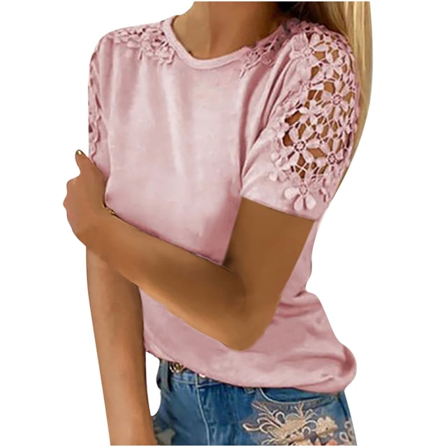 yoeyez T-Shirts pour Femmes en Dentelle à Manches Courtes Raglan Hauts Décontractés à Col Rond Chandail Mode T-Shirt Uni à Motif Floral Tenues d'Été 2025 Rose TG