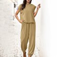 thumbnail image 2 of Penkiiy Ensemble 2 Pcs d'Été pour Femme en Coton et Lin, Col Ras du Cou, Manches Mi-Longues, Pantalon Long, Combinaison, Se TG Kaki, 2 of 6