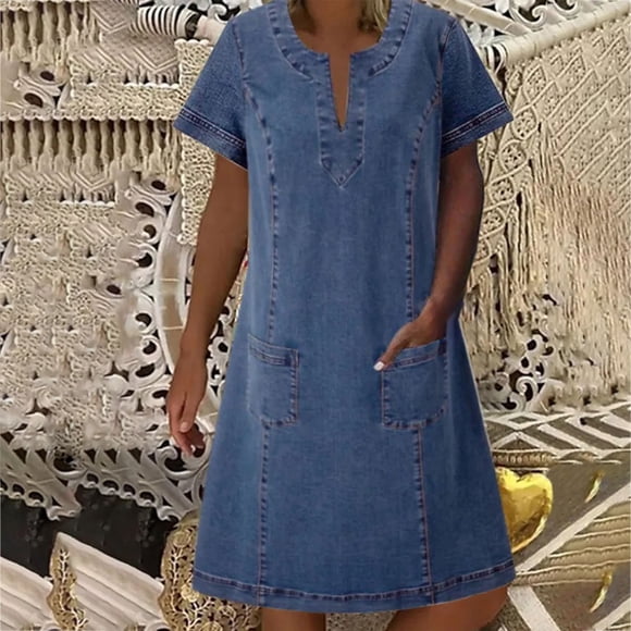 EGNMCR Holiday Dresses for Women Women's Summer Loose Short Sleeve V-Neck Mid Calf Denim Dress