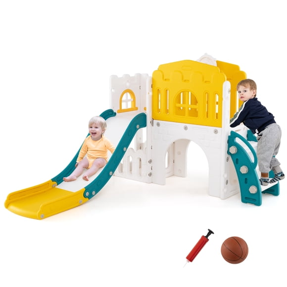 Gymax 9 in 1 Toddler Slide L Shaped Kids Slide & Climber Playset w/ Basketball Hoop Yellow