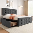 thumbnail image 1 of Full Size Bed Frame with 4 Storage Drawers and Headboard, Linen Upholstered Platform Bed Frame with Wooden Slats Support, Button Tufted Design, No Box Spring Needed, Dark Grey, 1 of 9