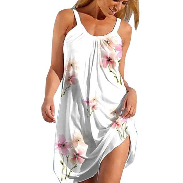Pompotops Robe Bohème à Imprimé Floral pour Femme Été Sans Manches T-Shirt Plage Mini Robes