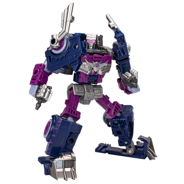 Transformers Toys Legacy Evolution Deluxe Axlegrease Toy, 5.5-inch action figure in robot mode with purple, dark blue, silver, and gray colors, detailed mechanical limbs, silver face with purple visor, equipped with multiple weapon accessories on arms and shoulders, posed dynamically on white background, suitable for fusion play with other Legacy Evolution figures.