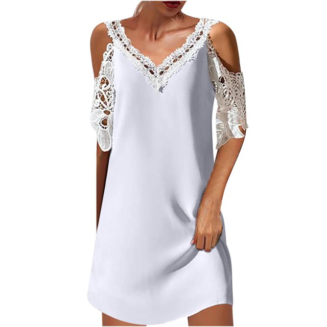 Cameland Robe Femme Mode Aguichant à Col en V à Manches Courtes Ajourée Imprimée à Épaules Dénudées
