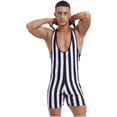 thumbnail image 2 of Zaldita Men's Striped Sleeveless Boxer Shorts Leotard Deep U Neck Racerback Slim Fit Rompers Black XL, 2 of 6