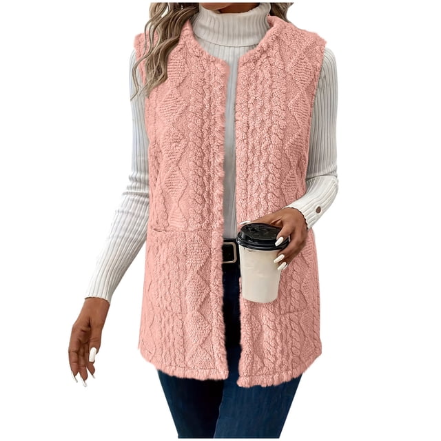HAiming Womens Winter Fleece Vest Crewneck Sleeveless Open Front Cardigan Fuzzy Warm Jacket with Pocket