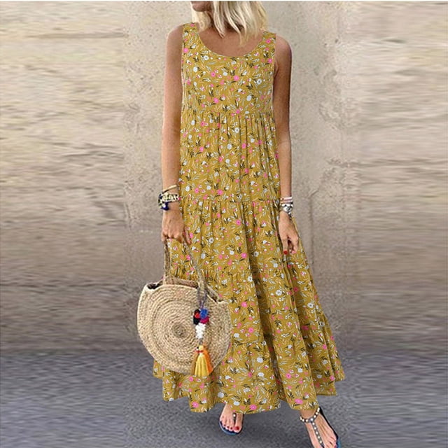 EGNMCR Robes d'Été Femmes Tendance 2024 Femmes Grande Taille Décontracté Ample Sans Manches Floral Quotidien Lin Imprimé Longue Robe Maxi