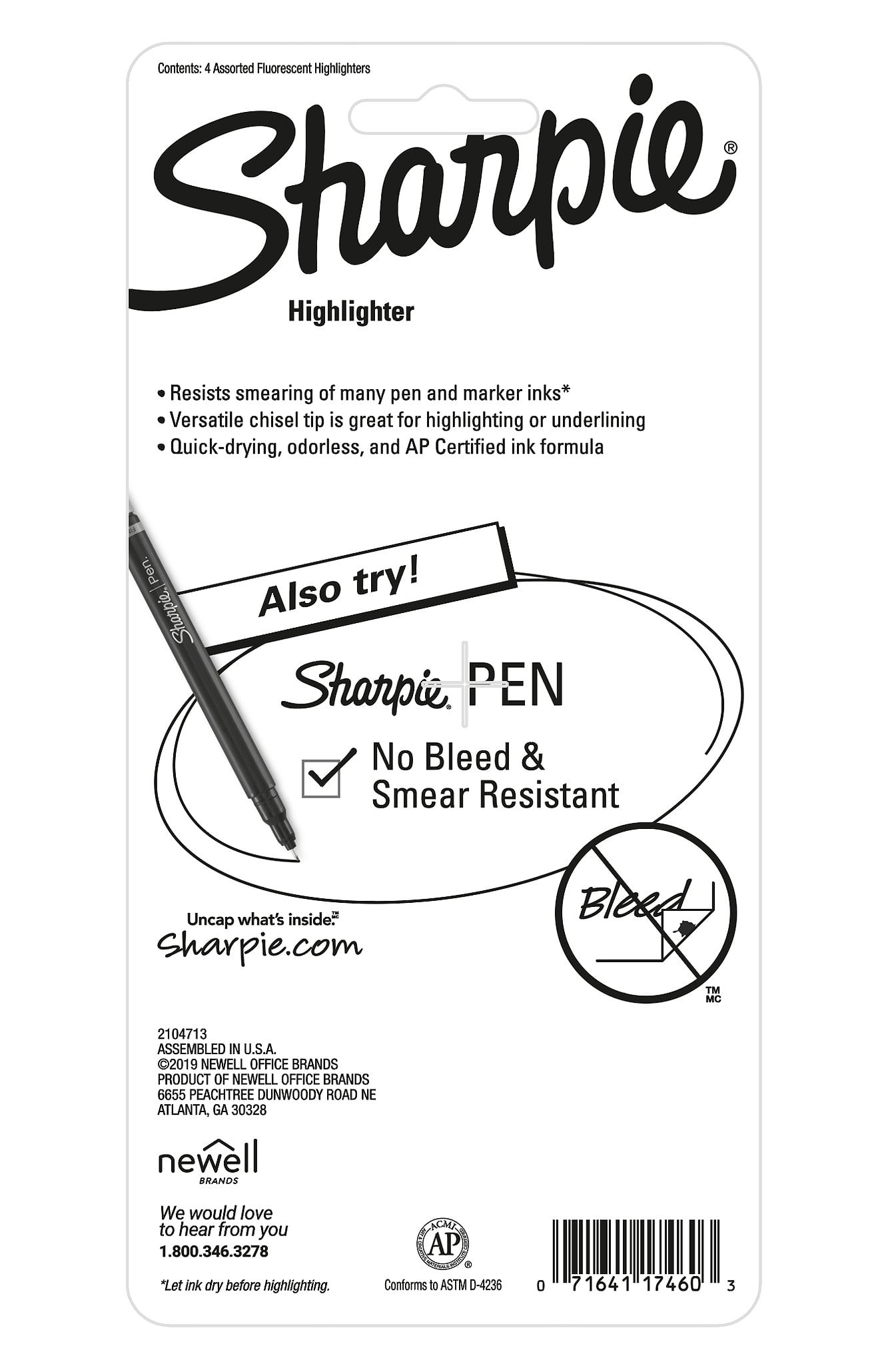Surligneurs de poche Sharpie, pointe biseautée fine, couleurs assorties, 4 unités
