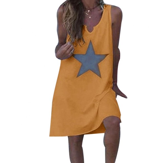 Robe d'Été pour Femmes Imprimé Étoile Ample Col en V Sans Manches Robe Décontractée Vêtements d'Été pour Femmes