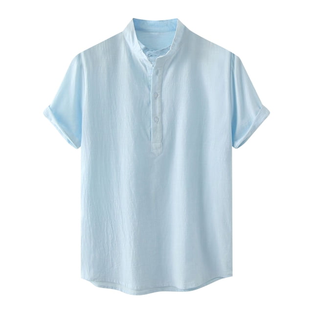 cfhntfmh Cotton Linen Shirts for Men Summer Short Sleeve Button up Beach T-Shirts Lightweight Solid Collared Tops
