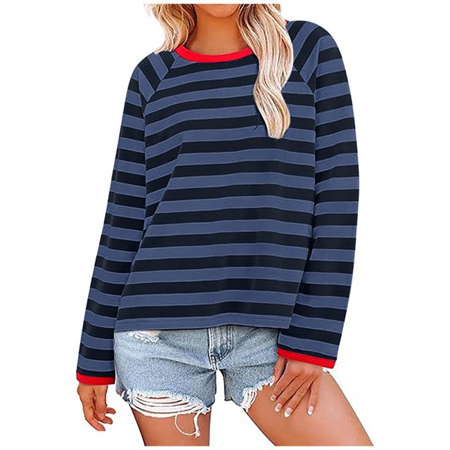 Hauts pour Femmes à Rayures Col Ras du Cou Manches Longues T-Shirts à Blocs de Couleur Automne Décontracté Ample Confortable Blouse