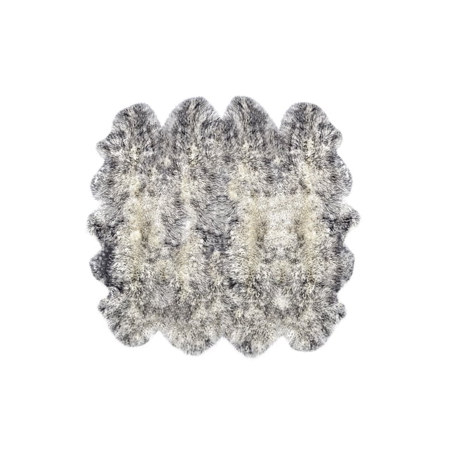NEW ZEALAND SHEEPSKIN OCTO RUG 7' X 6' with dense 2.5-inch plush pile in natural grey and cream tones, shaped irregularly octagonal. Made from 100% natural New Zealand sheepskin with soft micro suede anti-skid backing, ideal for adding warmth and softness to indoor spaces or as a cozy seat cover.