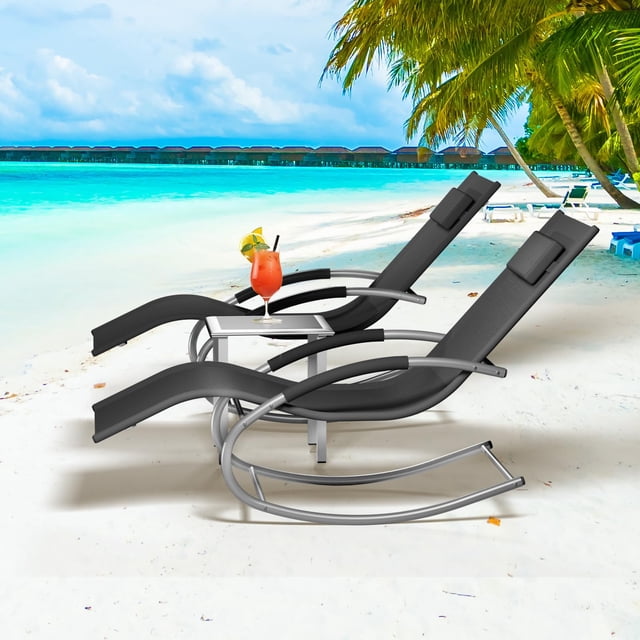 AKDSteel Patio Chaise Lounge Set Of 3, Outdoor Pool Recliner Chairs With Adjustable Backrests, Armrests, And Side Table For All-Weather Use