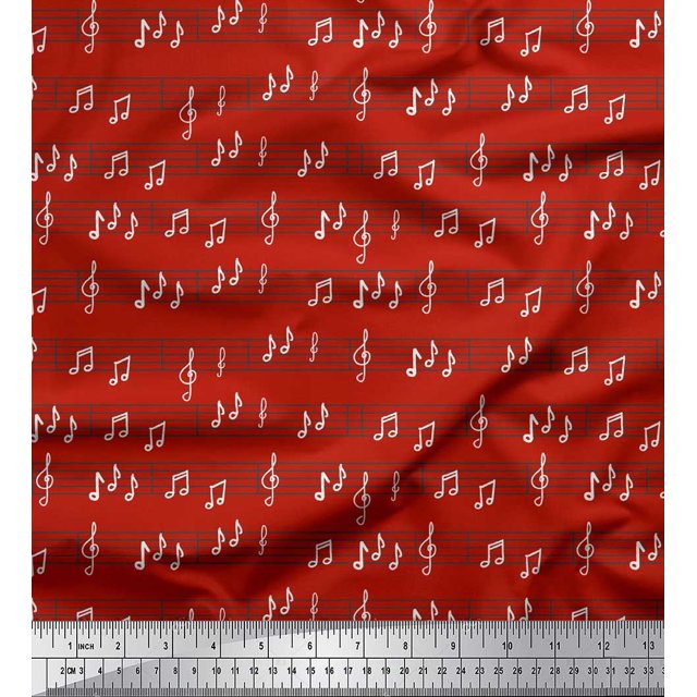 Soimoi Red Cotton Duck Fabric Notes Musical Instrument Decor Fabric Printed Yard 42 Inch Wide