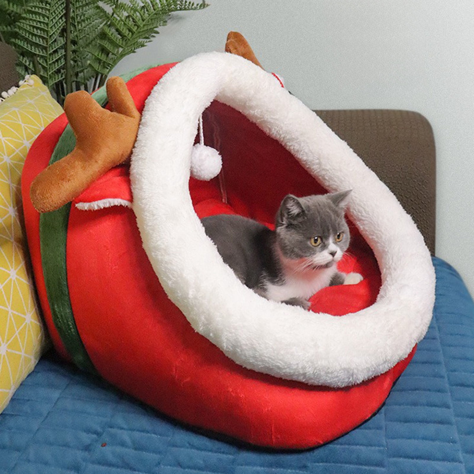 YIMWNYI Christmas Red Reindeer Pet Bed, Semi Enclosed Kitty Bed, Dog Bed for Small Pets, Washable and Removable Dog Bed, Comfortable and Cozy Resting Place for Cats and Dogs