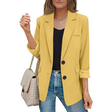 lcziwo Todays Clearance Deals Women's Blazer Jackets for Women 2024 Fall Trendy Suit Coat Long Sleeve Notch Lapel Open Front Button Work Blazers Jacket with Pockets Yellow,L