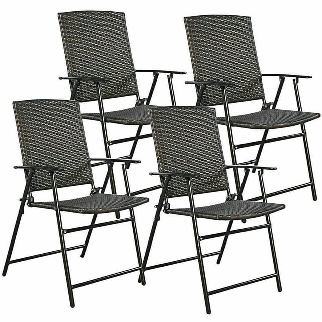 Gymax Chaise Pliante en Rotin Brun 4 Pcs Mobilier d'Extérieur Intérieur