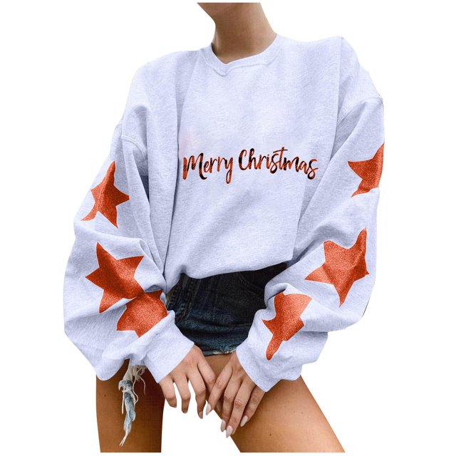 Pisexur Chandails en Molleton de Noël pour Femmes Manches Longues Col Rond Mode Étoiles Imprimé Vacances Chandail Décontracté Ample Automne