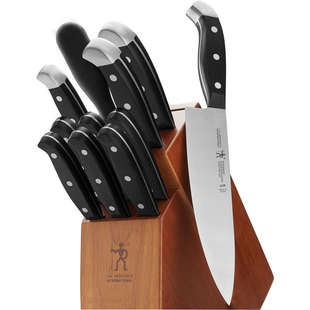 Statement Ensemble de 12 Couteaux en Bloc avec Bloc en Bois Franc Affichant le logo International J.A. Henckels, Contenant des Lames en Acier Inoxydable Allemand Estampées avec des Poignées Noires Triplement Rivetées, Incluant chef's, santoku, Pain, Service d'Office, six Couteaux à steak et Acier d'Affûtage, Convient à des Tâches de Coupe de Cuisine Précises.