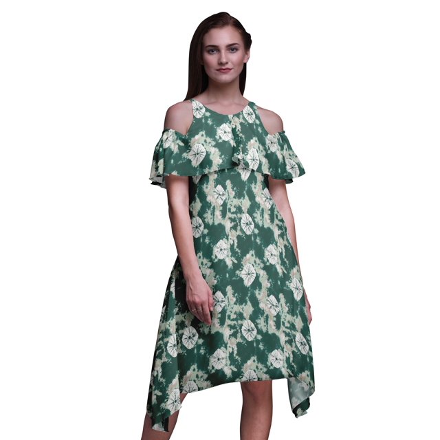 Bimba Robe d'Été Style Chic à Épaules Dénudées Imprimé Teinture sur Nœuds Vert pour Femmes - TTTG