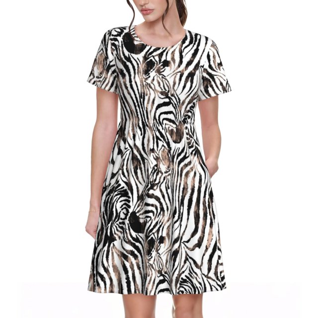 Bixox Robe d'Été à Manches Courtes pour Femmes Robe Ample Longueur Genou avec Poches-Léopard et Zèbre