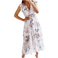 thumbnail image 1 of Robes d'Été pour Femmes Décontractées Bohèmes à Col en V à Volants à Imprimé Floral Longue Robe Maxi Dames à Manches Courtes Robes de Plage, 1 of 7
