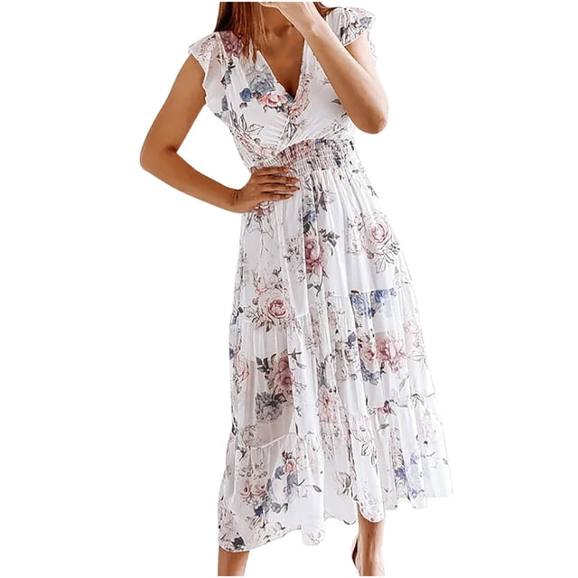 Robes d'Été pour Femmes Décontractées Bohèmes à Col en V à Volants à Imprimé Floral Longue Robe Maxi Dames à Manches Courtes Robes de Plage