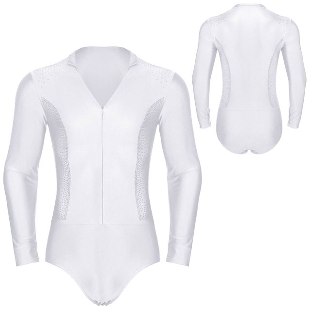 Eandarui Men's Tango Latin Dance Leotard Shirts Shiny Rhinestone Long Sleeve Chacha Rumba Samba White L