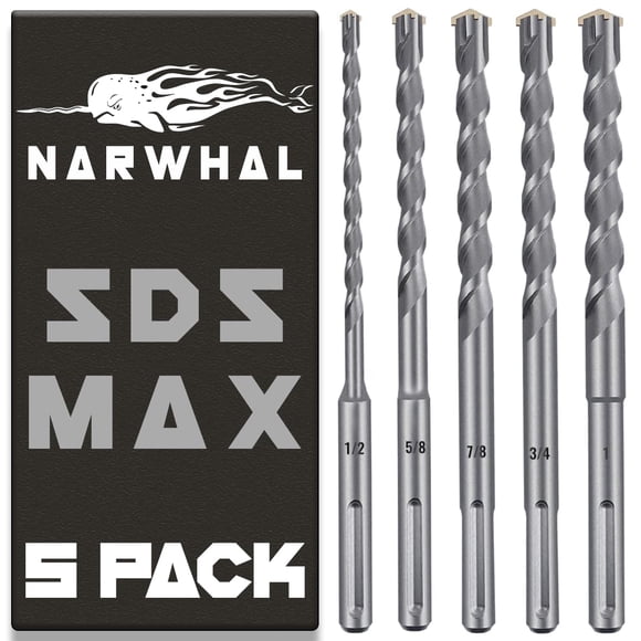 Ensemble de Forets de Maçonnerie SDS Max (Basculement en Carbure - Ensemble de 5 Pcs) Longueur 13 Pouces dans les Tailles Suivantes : 1/2 Pouces, 5/8 Pouces, 3/4 Pouces, 7/8 Pouces et 1 Pouces