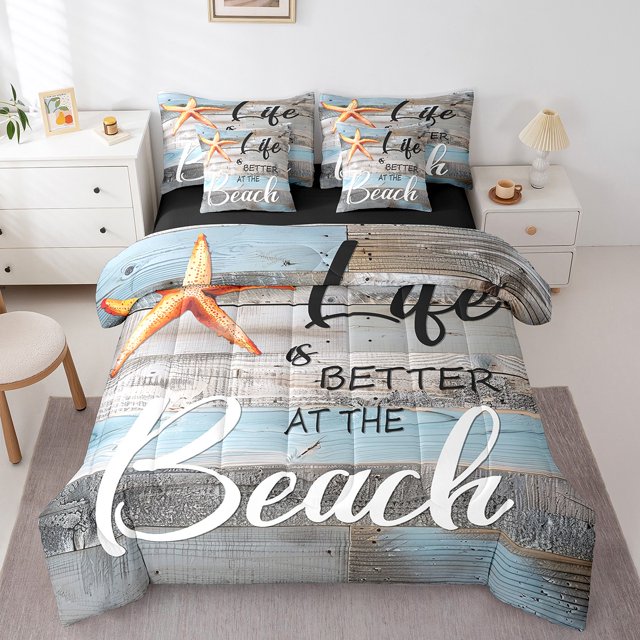 YST Tropical Hawaii Beach Comforter Set, 7-Piece, Blue Grey Ocean Theme Bedding, Full Size