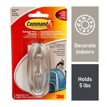 Command Decorative Hook, Large, Brushed Nickel, Damage-Free Hanging, 1 Hook, 2 Adhesive Strips