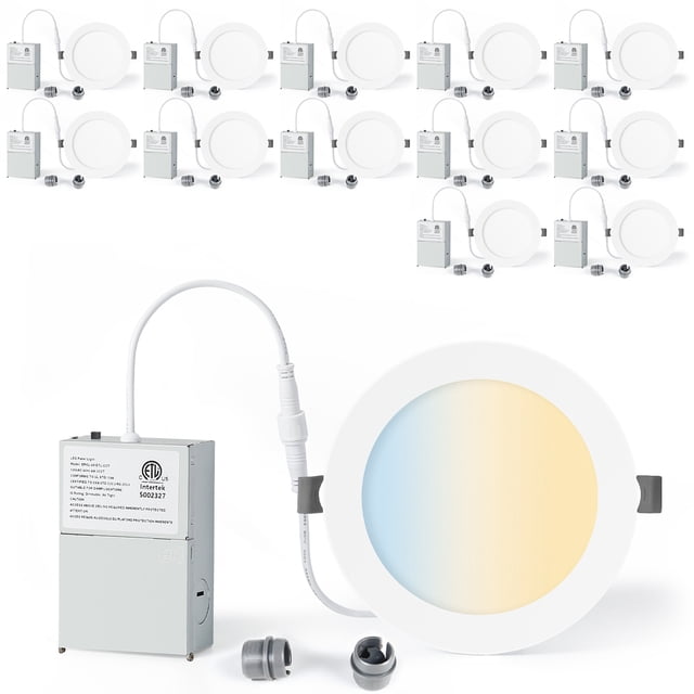 LUMINEPTIC 6 Inch 12 Pack 5CCT Dimmable Slim Recessed LED Pot Lights displayed with junction boxes and snap-in cable connectors. The lights feature selectable color temperatures ranging from 2700K to 5000K and smooth dimming from 5% to 100%. Suitable for damp locations like bathrooms and kitchens, these IC-rated lights are energy-efficient with 1050 lumens output, a lifespan of 50,000 hours, and Energy Star certification. Includes easy installation components such as spring clips and a compact junction box.