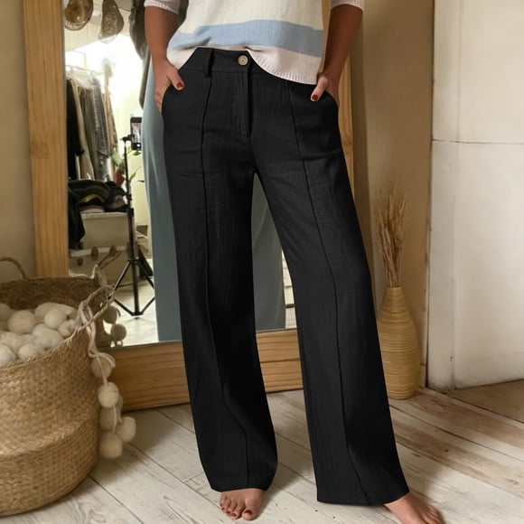 Nfurl Womens Dress Pants with Pockets Flowy Wide Leg Linen Palazzo Pant High Waist Business Casual Work Trouser Spring Summer Travel Trousers Black XL