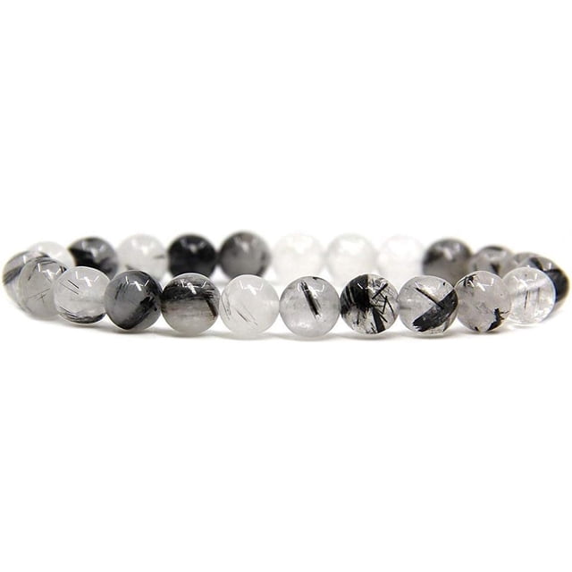 Bracelet Extensible en Perles Rondes de 8 mm en Quartz Rutilé Noir Naturel de Qualité A, Pierre Précieuse, 7 Pouces, Unisexe