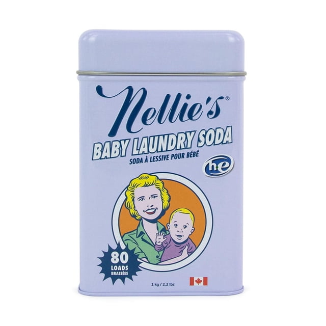 Nellie's Baby Laundry Soda in a light purple metal container with blue and white text, featuring a vintage illustration of a woman holding a baby, labeled for 80 loads and weighing 1 kg (2.2 lbs), with a Canadian flag on the front.