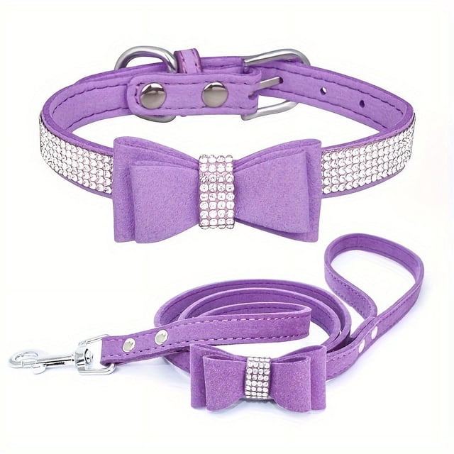 CNKOO 2pcs Sparkling Rhinestone Dog Collar & Leash Set for Small & Medium Dogs Cute Bow Tie Collar with Escape-Proof Rope