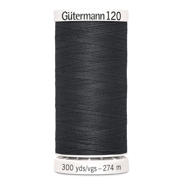 Gutermann 120 100% polyester all purpose thread spool in black, tightly wound on a white plastic spool labeled with brand and length of 300 yards (274 meters), suitable for machine and hand sewing woven, knit, and synthetic fabrics.