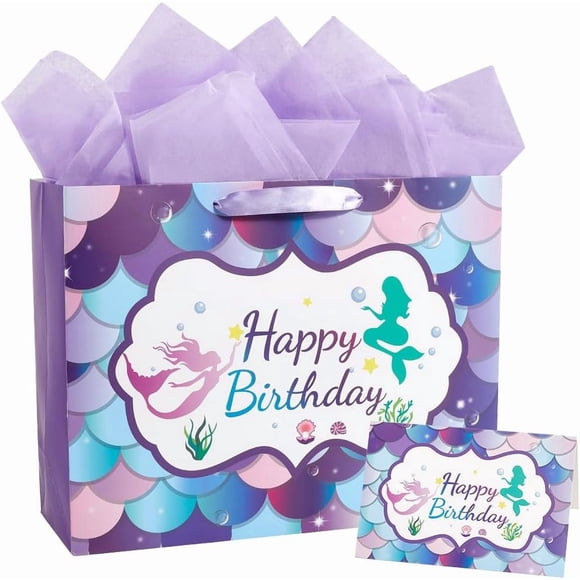 1 Set Party Bags Unisex Scale Gift Bag 13x10.2x4.7in Large Purple Ocean Themed Dreamlike 1Pc Card 3 Sheets Wrapping Paper Birthday Packet for Party Favors Shower Present Supplies