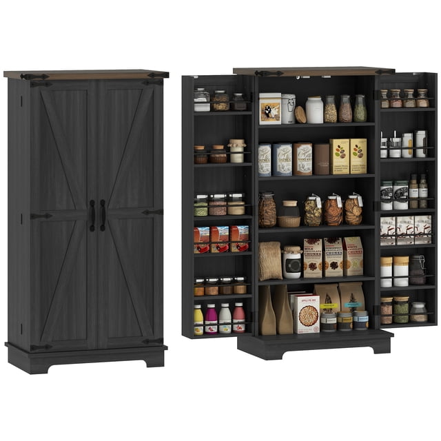 HOMCOM Armoire de Garde-Manger de Cuisine avec Tablettes Ajustables en Noir, Présentant un design de Porte de Grange Style Ferme avec accents Métalliques Noirs et un Dessus à grain de Bois. l'Armoire Comprend un Intérieur à Cinq Niveaux avec Tablettes Ajustables et Deux Tablettes de Porte à Six Niveaux pour un Rangement Polyvalent. Fabriquée en Panneau de Particules à Surface Mélaminée, Elle Mesure 23,6 Pouces de Large, 15,7 Pouces de Profondeur et 47,2 Pouces de Hauteur. Montrée avec des Portes Fermées et Ouvertes, Affichant des Articles de Garde-Manger Organisés.