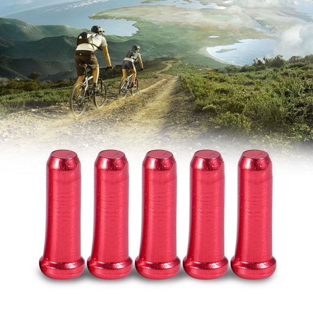 Brake Cable, 100PCS 2.5MM Aluminum Alloy Anodized Colorful Brake Line Bike Shifter Cable. The image shows five red anodized aluminum alloy brake line caps, designed to protect bike brake cable ends from wear, water, and dust. These durable caps are suitable for bike and modified vehicle brake cables, offering a clean and stylish finish. The background features two cyclists riding on a scenic trail.