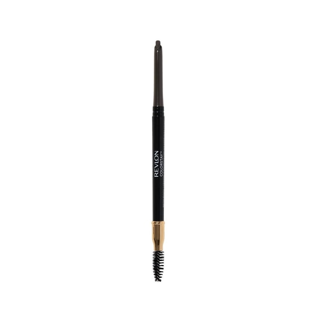 Revlon ColorStay Waterproof Longwearing Eyebrow Pencil with retractable angled tip and dual-ended spoolie brush featuring a gold ferrule, designed for precise, long-lasting waterproof brow definition and grooming.