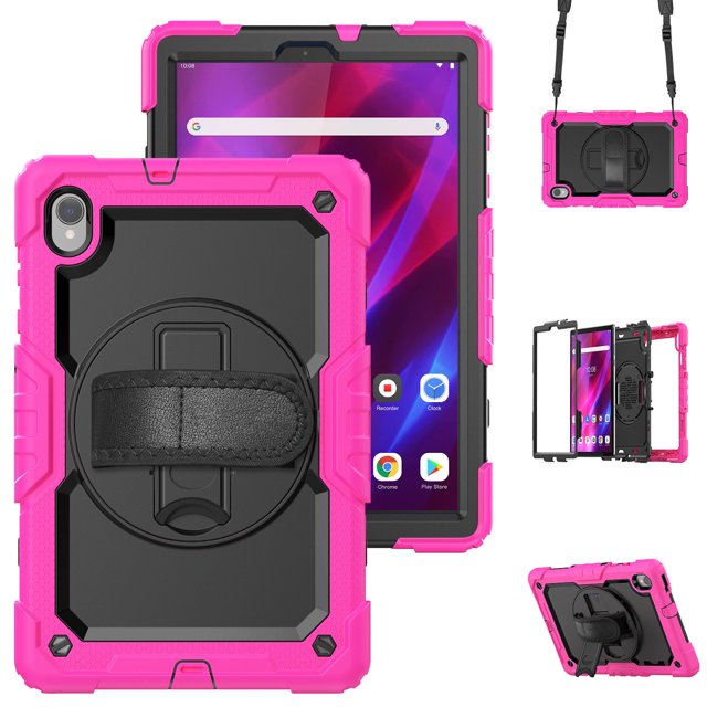 Case for Lenovo Tab K10 10.3 Inch / M10 FHD Plus 2020 2nd Gen with Screen Protector, 360 Degree Rotating Kickstand Hand Strap Heavy Duty Shockproof Cover with Shoulder Strap, Rose